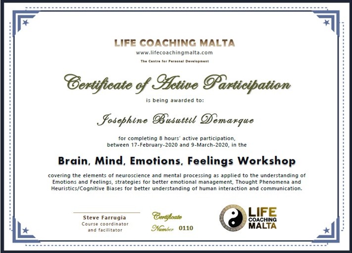 Life Coaching Malta - Active Participation Certificate